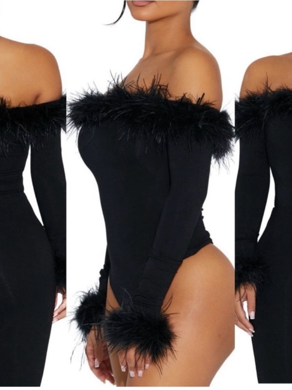 naked wardrobe Black Off-Shoulder Feather Trim Bodysuit